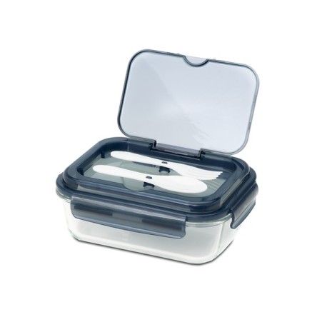 Szklany lunch box ze sztućcami 1000 ml Lagos, czarny R08444.02